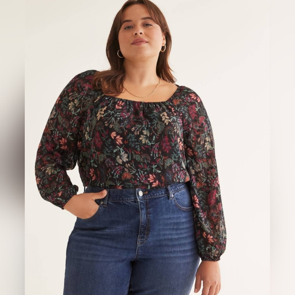 Pennington's Black w/Floral Square-Neck Blouse with Balloon Sleeves Plus Size 4X - Picture 2 of 12